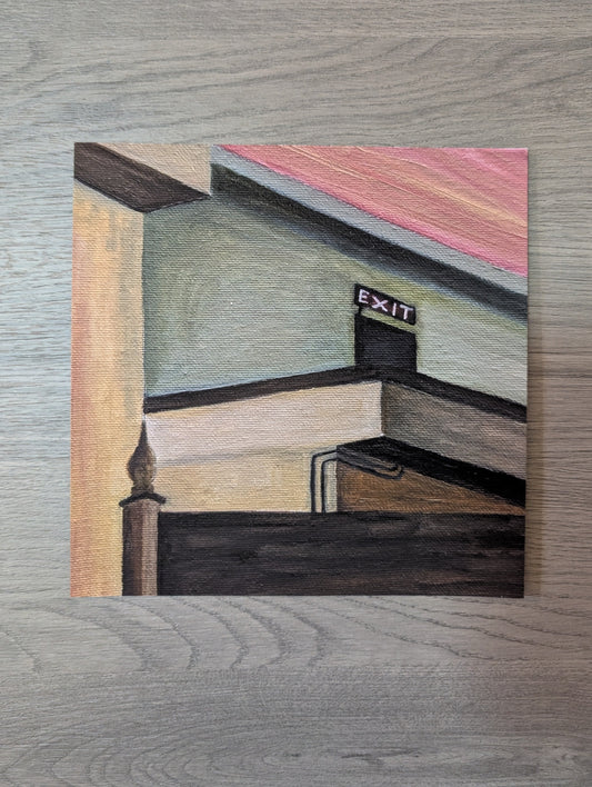Abstract artwork of a hallway with an 'EXIT' sign on a wooden surface